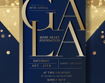Navy Blue and Gold Gala Invitation Template, Editable Charity Gala Invite, Non-Profit Fundraiser Invitation, Formal Dinner Party Flyer