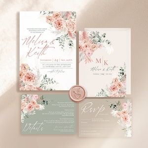 May include: A wedding invitation suite featuring floral illustrations of pink roses, pampas grass, and eucalyptus leaves. The set includes a main invitation, a details card, an RSVP card, and a monogrammed card, all accented by a round wax seal.