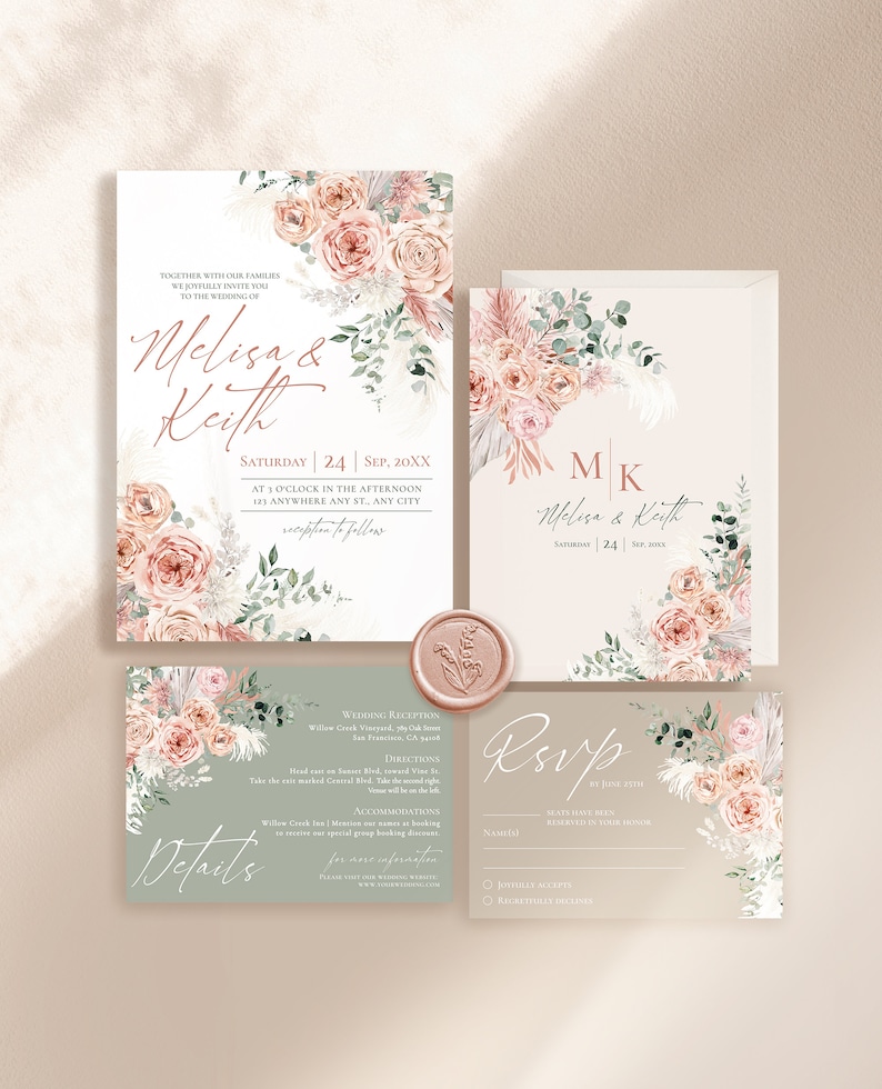 May include: A wedding invitation suite featuring floral illustrations of pink roses, pampas grass, and eucalyptus leaves. The set includes a main invitation, a details card, an RSVP card, and a monogrammed card, all accented by a round wax seal.
