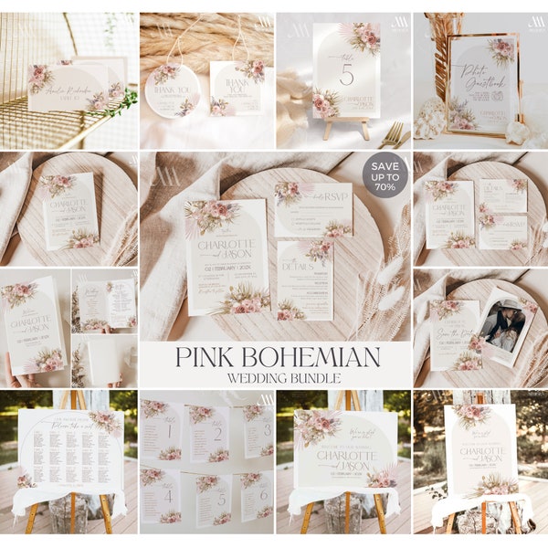 Pink Boho Wedding Bundle, Pink Bohemian Wedding Invitation Template Bundle, Boho Arched Pampas Grass Wedding Stationery Bundle D016
