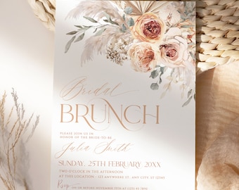 Boho Bridal Brunch Invitation: Pampas & Roses (Editable Template)