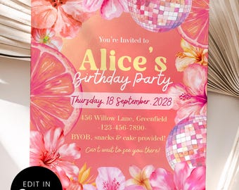 Tropical Pink Floral Birthday Party Invitation, Pink Disco Ball Summer Invite, Hibiscus & Citrus Theme, Canva Editable Template