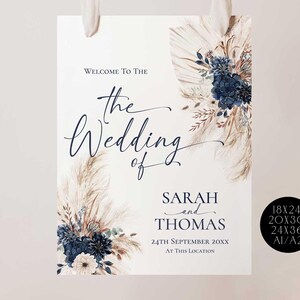 Navy Blue Wedding Welcome Sign Template, Boho Wedding Sign Template, Pampas Signage Printable E108
