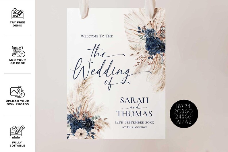 Navy Blue Wedding Welcome Sign Template, Boho Wedding Sign Template, Pampas Signage Printable E108
