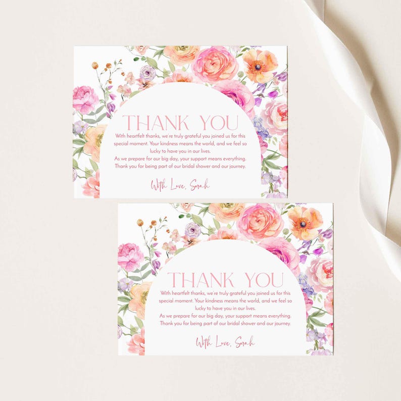 Printable Bridal Shower Thank You Card with Colorful Flowers – Customizable Text, Editable Flat or Folded Design
