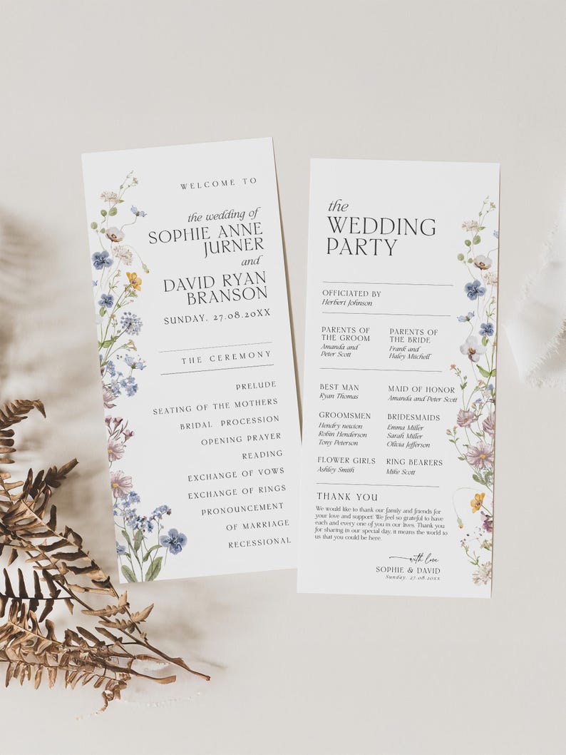 May include: Two white wedding program cards featuring watercolor wildflower illustrations in blue, yellow, and purple. The text details the ceremony order, wedding party names, and a thank you note for Sophie Anne Jurner and David Ryan Branson.