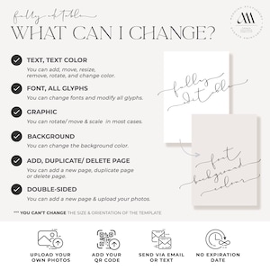 May include: A checklist of what can be changed when customizing a printable template. The checklist includes text, text color, font, glyphs, graphics, background, adding or deleting pages, and double-sided options. The text "fully editable" is written in cursive at the top of the image. The text "You can't change the size & orientation of the template" is written at the bottom of the image.