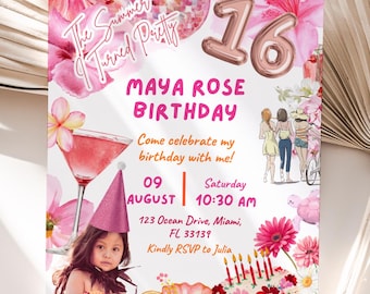 The Summer I Turned Pretty Pink Birthday Invitation Template, Tropical Floral Birthday Cake Card, Rose Gold Disco Ball Cocktail, Edit Canva