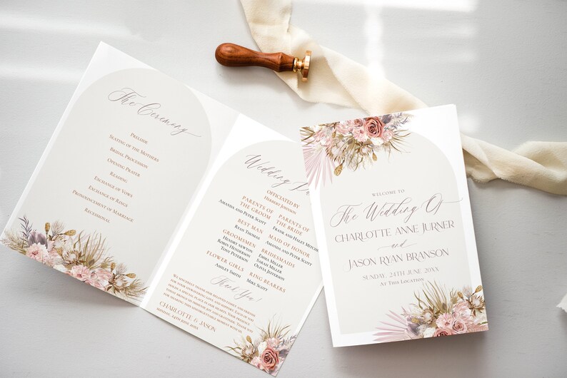 May include: Wedding ceremony program with a floral design featuring pink and white flowers, greenery, and gold accents. The program includes the order of events, the names of the wedding party, and the date of the wedding. The text reads "Welcome to The Wedding of Charlotte Anne Jurner and Jason Ryan Branson Sunday, 24th June, 20XX At This Location."