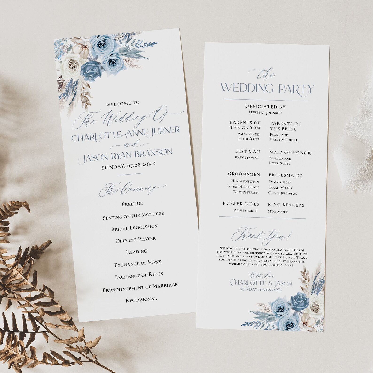 Boho Dusty Blue Wedding Program Template, Catholic Ceremony Program ...