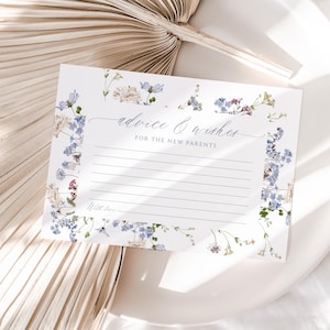 Afdrukbare advieskaart babyshower, schrijfkaarten babyadvies, bewerkbaar advies voor nieuwe ouders, sjablonen babyshower wilde bloemen G001
