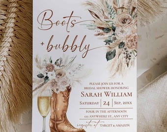 Boots Bubbly Bridal Shower Invitation, Western Cowgirl Bridal Party Champagne Rustic Desert Pampas Neutral, Boho Wedding Shower Invite E130