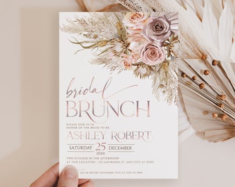 Pampas Bridal Shower Brunch Invitation Template, Boho Bridal Brunch Invite Template, Editable Pink Bohemian Brunch Invitation, Corjl A006