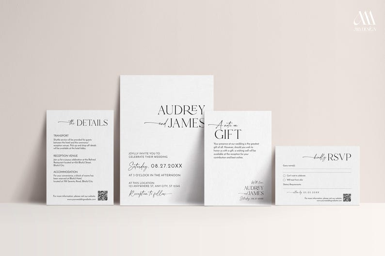 May include: A set of elegant white wedding stationery with black text. The set includes an invitation, details card, gift card, and RSVP card. The invitation features the names "Audrey and James" in a stylish font.