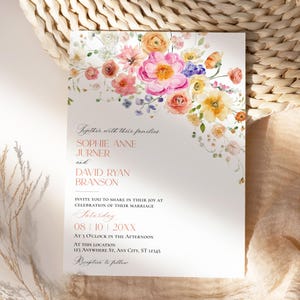 Floral Garden Wedding Invitation Template Editable, Bright Floral Wedding Invitation Set, Colorful Flowers Wedding Invite