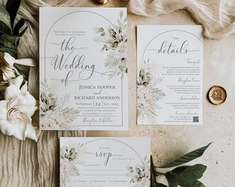 Boho Greenery Wedding Invitation Template: Arched Editable Set (Digital Download)
