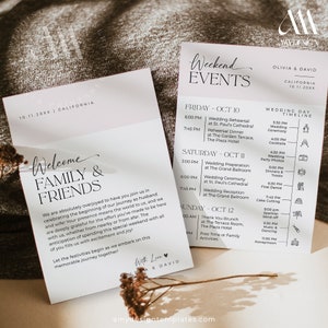 Wedding Weekend Events, Minimalist Wedding Welcome Bags Note,  Wedding Itinerary Template, Modern Wedding Weekend Itinerary Template