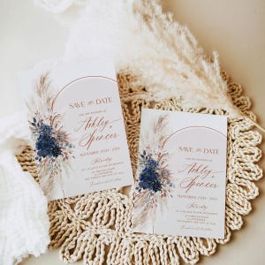 Navy Blue Save The Date Template With Photo, Boho Save The Date Card, Bohemian Pampas Rustic Wedding Printable Download E059