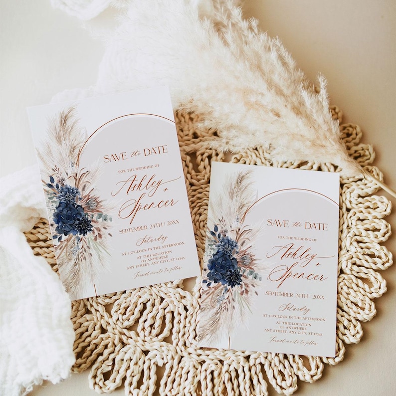 Navy Blue Save The Date Template With Photo, Boho Save The Date Card, Bohemian Pampas Rustic Wedding Printable Download E059