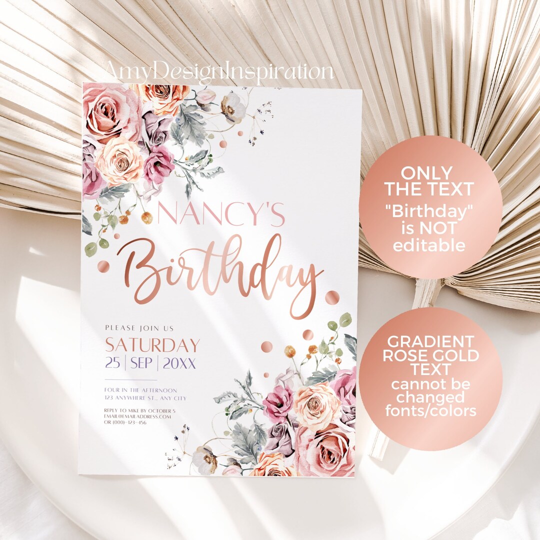 Rose Gold Birthday Invitation Template, Rose Pink Gold Girl Birthday