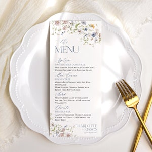 May include: A wedding menu card with a floral design. The menu includes appetizers, main course, salad, and desserts. The card is decorated with a watercolor floral border and the text "the MENU" in a blue font. The names Charlotte and Jason are printed at the bottom of the card with the date 29th June 20XX.