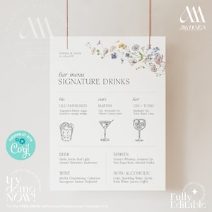 Signature Drink Sign Template, Printable Signature Drinks, Wildflower Wedding Drink Sign, Signature Cocktail Sign Editable Template D002