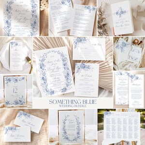 May include: A wedding invitation suite with a blue floral design. The suite includes a save the date card, invitation, RSVP card, details card, weekend itinerary card, table number card, welcome sign, thank you card, seating chart, and a menu card. The text on the invitation reads "Sophie Anne & David Ryan Branson".