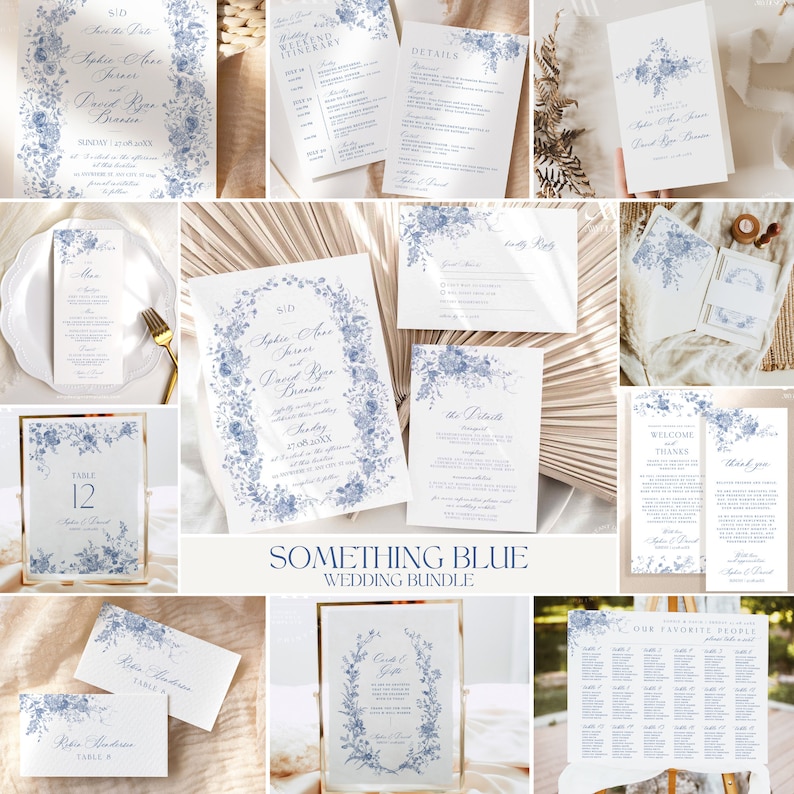 May include: A wedding invitation suite with a blue floral design. The suite includes a save the date card, invitation, RSVP card, details card, weekend itinerary card, table number card, welcome sign, thank you card, seating chart, and a menu card. The text on the invitation reads "Sophie Anne & David Ryan Branson".