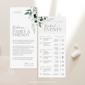 Plantilla de itinerario de fin de semana de bodas, notas de bienvenida para eventos de fin de semana de bodas modernas y minimalistas, plantillas imprimibles de itinerarios de bodas