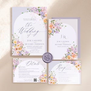 May include: Purple and peach floral wedding invitation suite with a circular design. The invitation includes the names "Jesica Hooper" and "Richard Anderson" and the date "Sunday, 24th July 20XX". The RSVP card includes the text "RSVP by August 25th" and a space for guest names.