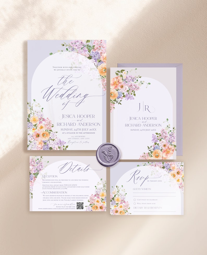 May include: Purple and peach floral wedding invitation suite with a circular design. The invitation includes the names "Jesica Hooper" and "Richard Anderson" and the date "Sunday, 24th July 20XX". The RSVP card includes the text "RSVP by August 25th" and a space for guest names.