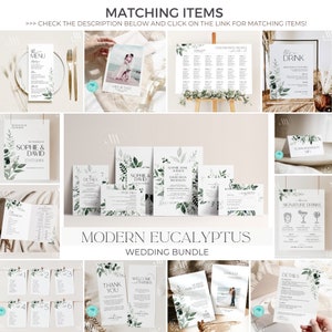 May include: A wedding invitation suite with a modern eucalyptus theme. The suite includes a save the date card, invitation, RSVP card, details card, and a thank you card. The cards feature a watercolor design with eucalyptus leaves and branches in shades of green.