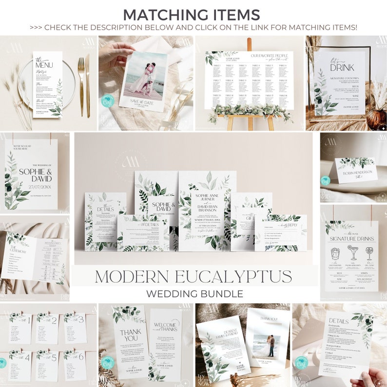 May include: A wedding invitation suite with a modern eucalyptus theme. The suite includes a save the date card, invitation, RSVP card, details card, and a thank you card. The cards feature a watercolor design with eucalyptus leaves and branches in shades of green.