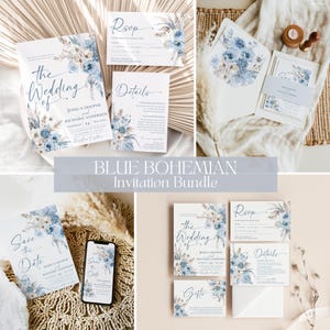 Dusty Blue Boho Wedding Suite Template Bundle, Blue Wedding Invitations Template Bundle, Blue Wedding Stationery Bundle Template D018