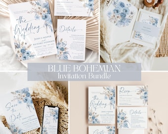 Dusty Blue Boho Hochzeitseinladung Vorlage (Digitaler Download) D018
