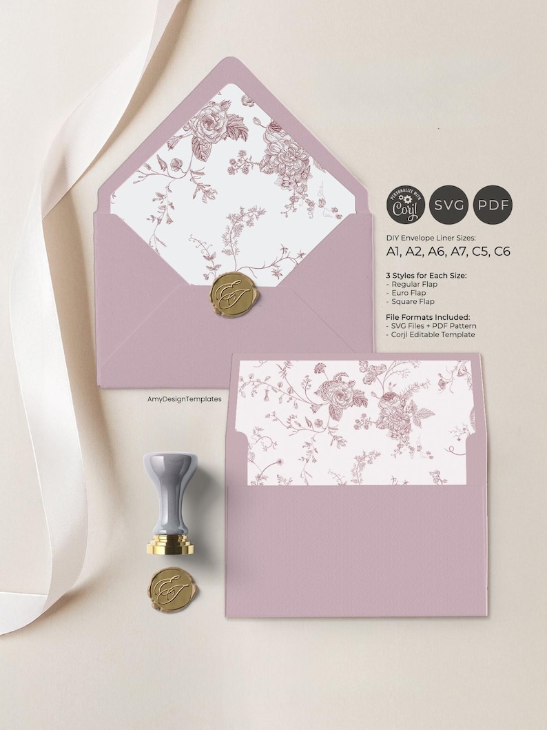French Toile Envelope Liner Template, Pink Monogram Wedding Envelope Liner Template A1 A2 A6 A7 C5 C6, Digital File SVG, Instant Download