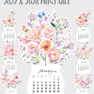 May include: A printable desk calendar for 2027 and 2028 featuring watercolour floral illustrations. The design includes various monthly calendar pages shaped like vases filled with pink, orange, and purple flowers, with text reading BLOOM FLOWERS DESK CALENDAR 2027 & 2028 PRINTABLE.