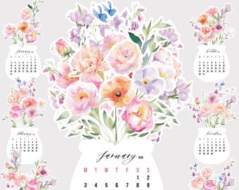 Watercolor Flowers DIY Desk Calendar Printable, Botanical Monthly Cards 2027 2028, Desk Planner Paper Craft Calendar
