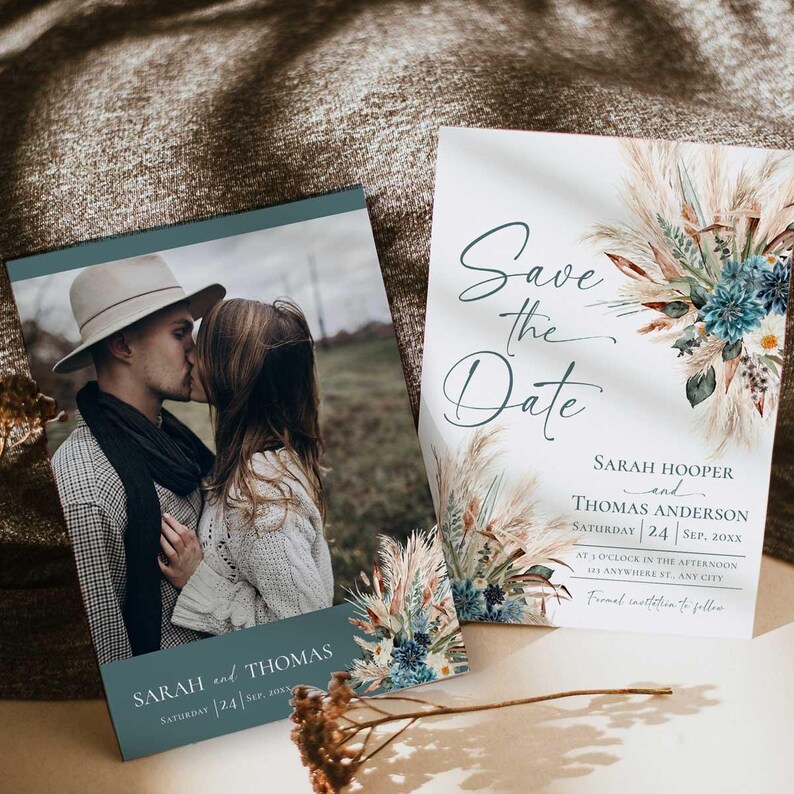 Rustic Save The Dates Card Printable, Teal Boho Wedding Save The Date Template with Photo, Custom Save The Date Wedding Templates E106