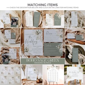 May include: A wedding stationery bundle featuring sage green and white cards with floral illustrations. The set includes invitations, RSVP cards, detail cards, thank you tags, table numbers, and signage with text like The Wedding of.