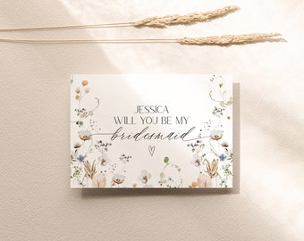 Wildflower Bridesmaid Proposal Card Template, Editable Be My Bridesmaid, Printable bridesmaid cards E049