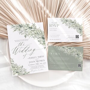 May include: A wedding invitation suite with a green and white floral design. The invitation features the text "The Wedding of Ashley Smith and Jason Mesnick" with the date "Saturday, 24 Sep, 20XX". The RSVP card includes a QR code and the text "Bindly RSVP". The details card features a green background with the text "The Details" and a QR code.
