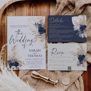 Modèle de carte de faire-part de mariage or marine, faire-part de mariage bohème ensemble, modèle de suite mariage bohème bleu marine E108