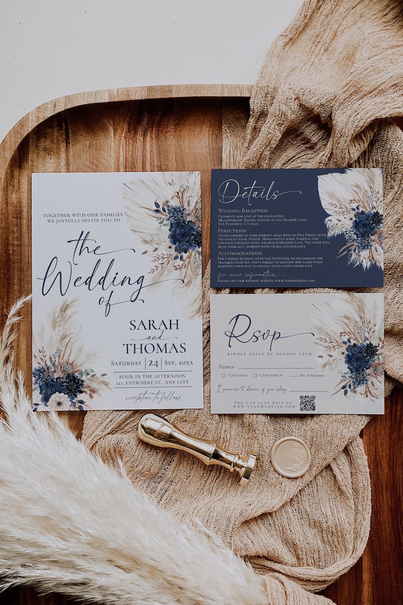 Navy Gold Wedding Invitation Card Template, Bohemian Wedding Invitation Set, Navy Blue Boho Wedding Suite Template E108