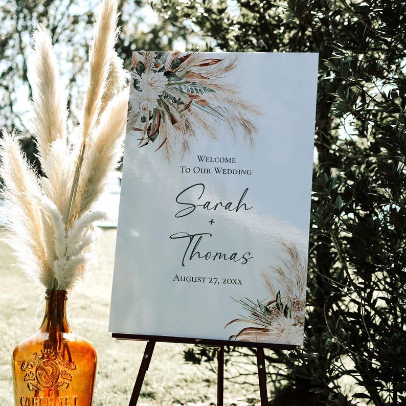 Bohemian Green Pampas Wedding Welcome Sign Template, Welcome To Our Wedding, Rustic Boho Wedding Signage Template E008