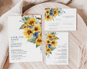 Sunflower Wedding Invitation Suite Template, Dusty Blue Rose Floral, Rustic Country Wedding Set, Summer Celebration Invitation Card