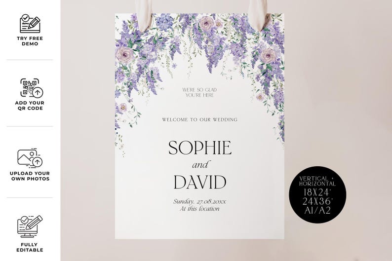 Purple Wisteria Wedding Welcome Sign Template, Welcome to Our Wedding Sign, Purple Wedding Signage, Floral Welcome Sign Welcome Poster D014