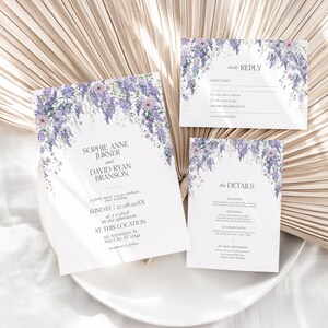 Wisteria Wedding Invitation Template with Photo, Save the Date Cards, Purple Floral Wedding Suite Template
