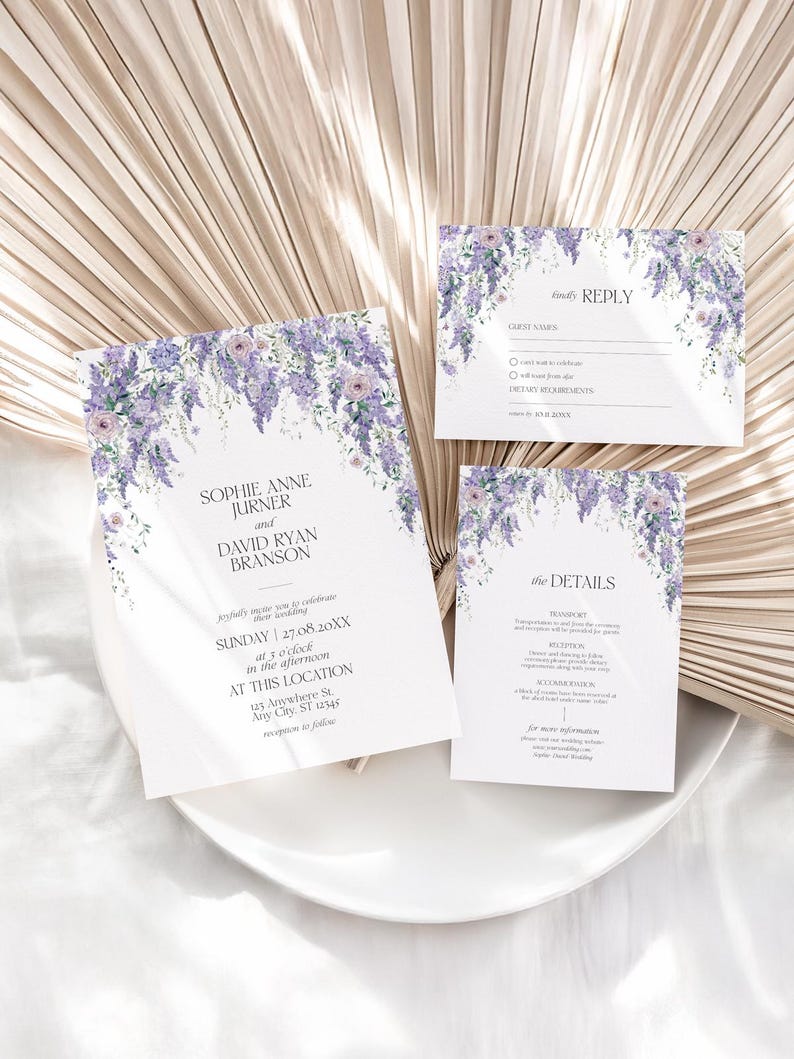 Wisteria Wedding Invitation Template with Photo, Save the Date Cards, Purple Floral Wedding Suite Template