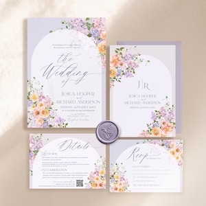 Blumengarten-Hochzeitseinladungsvorlage, lila lila Hochzeitssuitenvorlage bearbeitbar, Hochzeitsset druckbare Hochzeit QR-Code E045